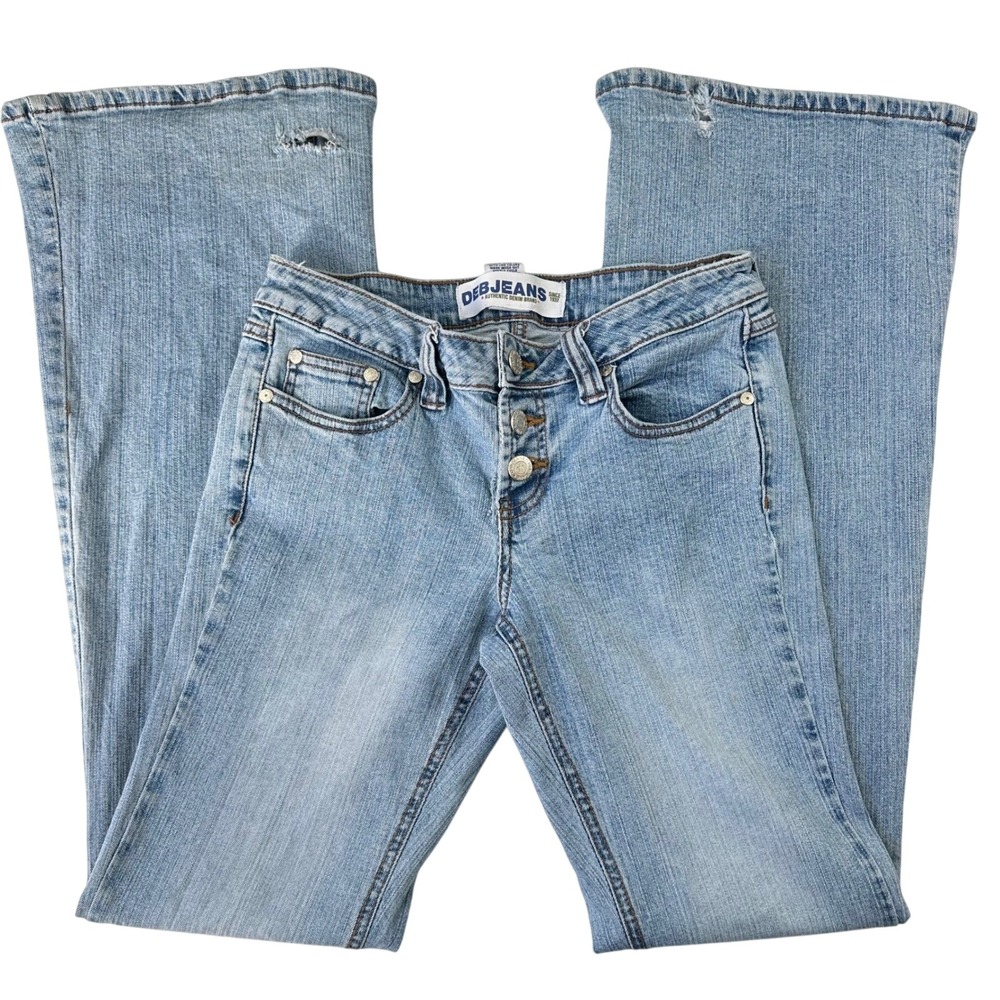 DEB JEANS Women's Size 9 Blue Flare Leg Button Fly Jeans Distressed